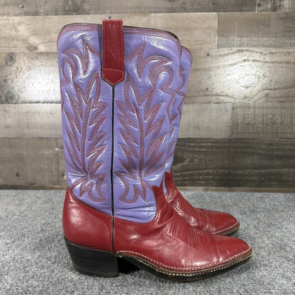 Vintage Botas Patros Leather Cowboy Boots Red Purple Stitch Western Cowgirl 10.5